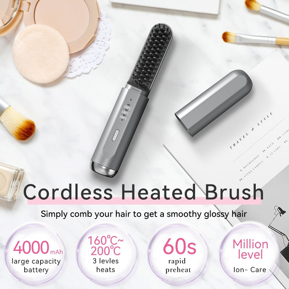 Cordless 2 In 1 Ionic Hair Straightener USB Hair Straightening Brush Heating Beard Clip Comb Styler Electric Wireless Comb