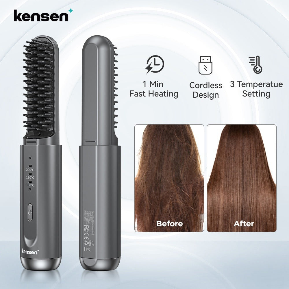 Cordless 2 In 1 Ionic Hair Straightener USB Hair Straightening Brush Heating Beard Clip Comb Styler Electric Wireless Comb