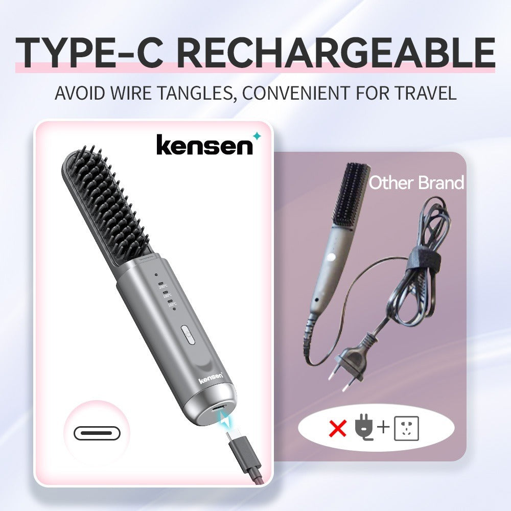 Cordless 2 In 1 Ionic Hair Straightener USB Hair Straightening Brush Heating Beard Clip Comb Styler Electric Wireless Comb