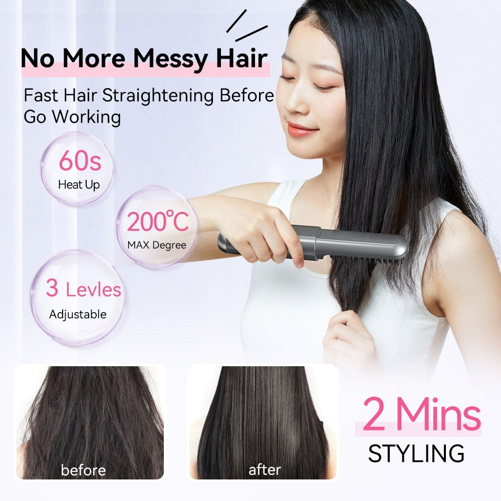Cordless 2 In 1 Ionic Hair Straightener USB Hair Straightening Brush Heating Beard Clip Comb Styler Electric Wireless Comb